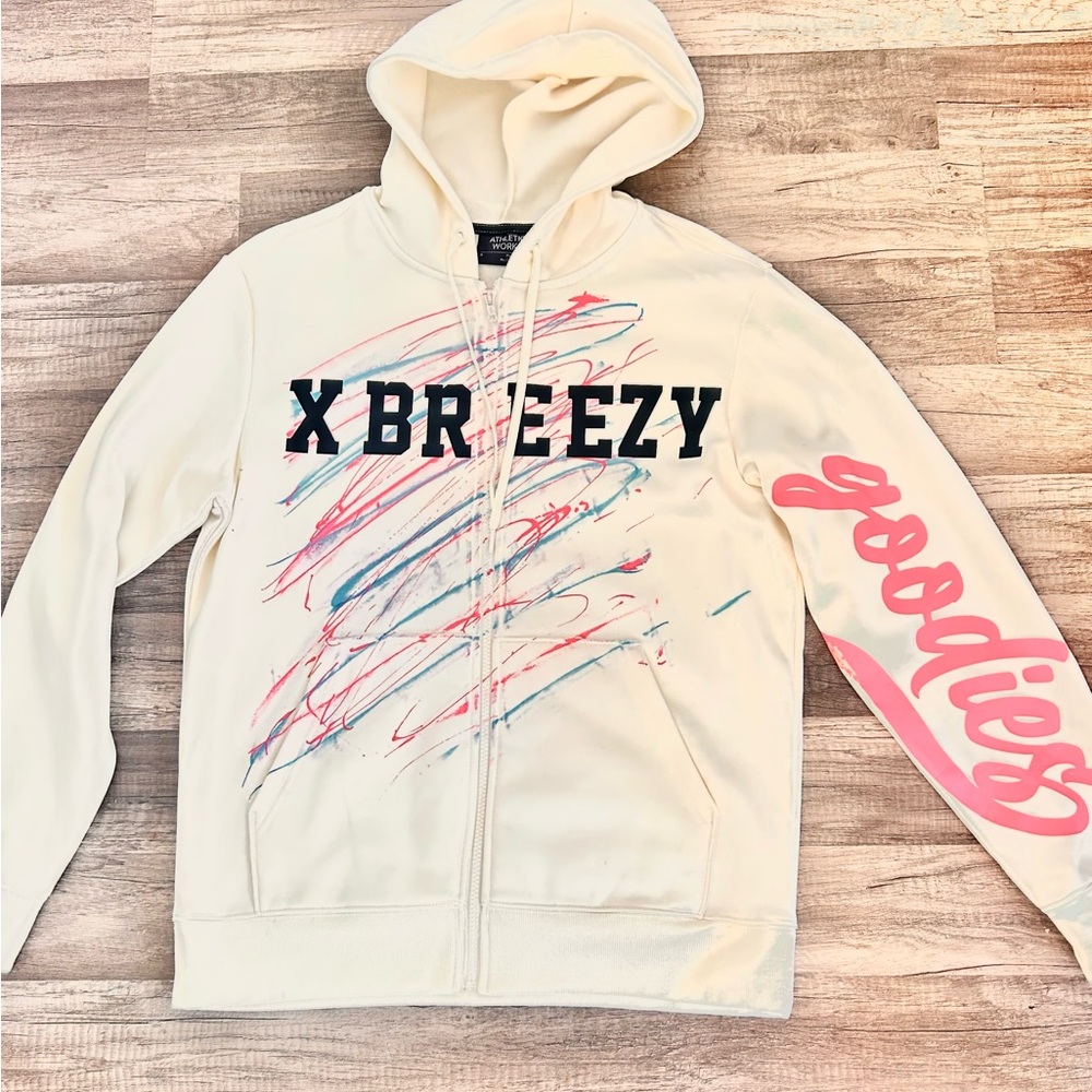 XBREEZY Cream Zip Hoodie with Pink Script Sleeve